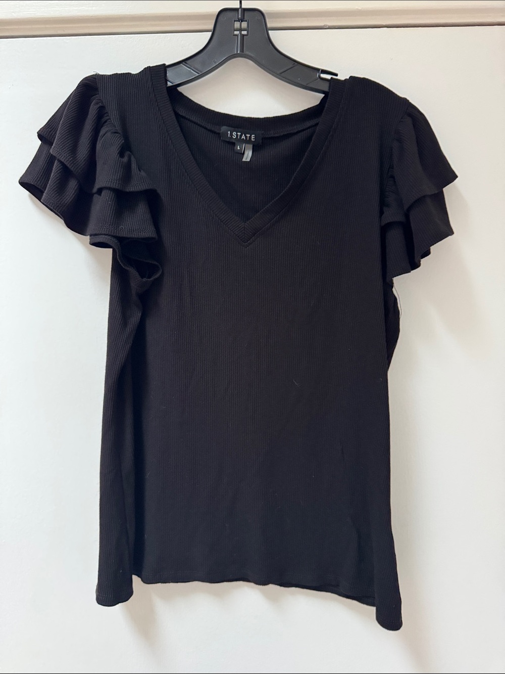 1. State Black Ribbed V-Neck Flutter Sleeve Tee